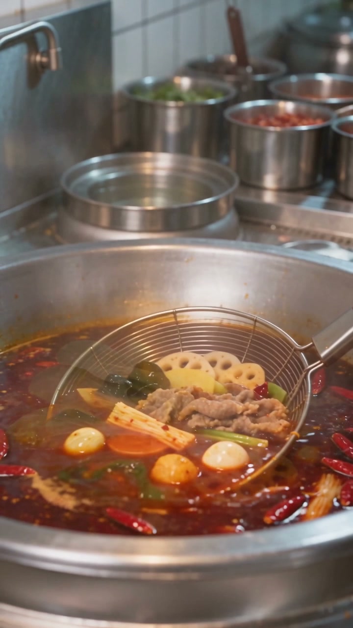 食材在汤锅中煮制