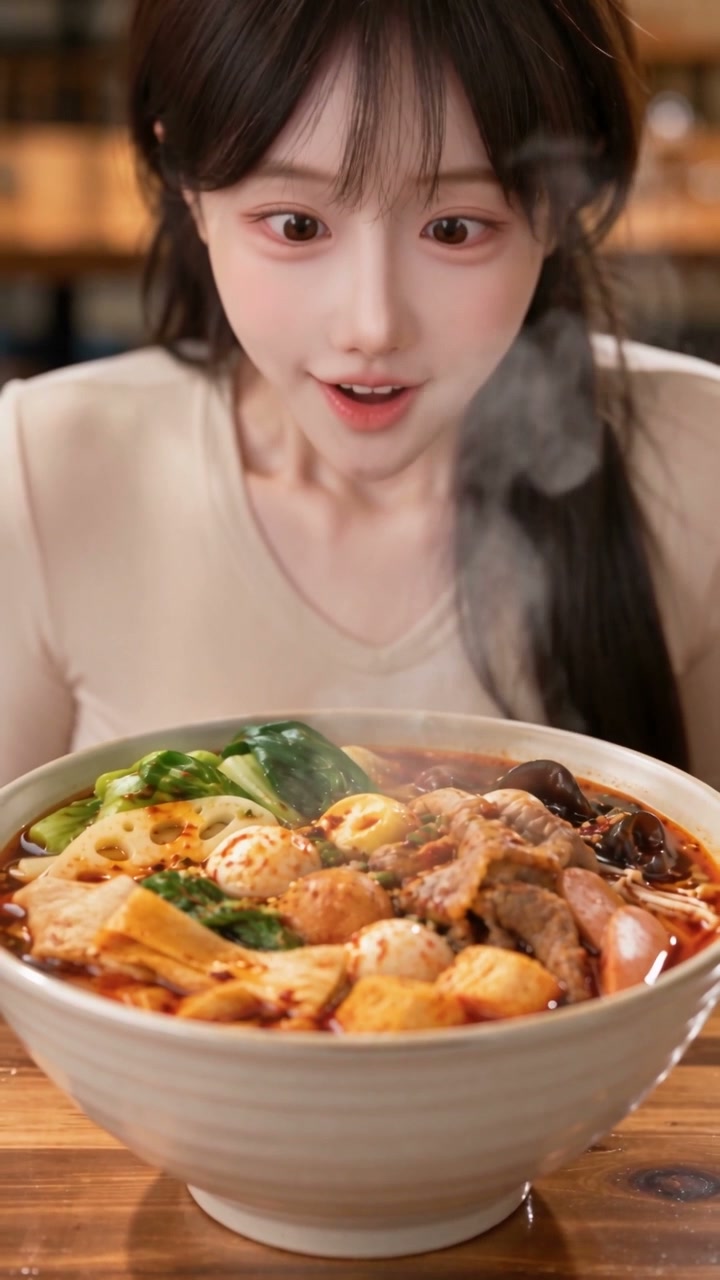 麻辣烫广告人物端起一碗麻辣烫