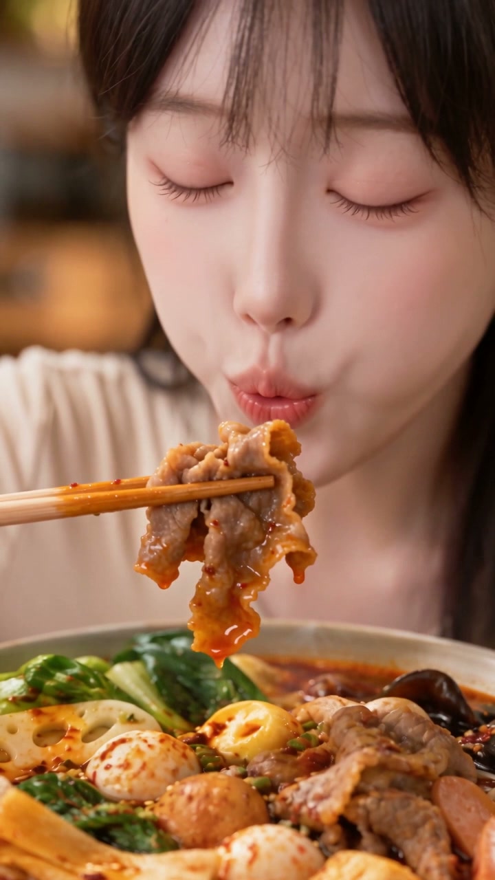 广告人物品尝麻辣烫